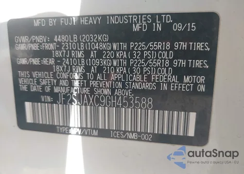 2016 Subaru Forester 2.5I Touring z USA, uszkodzony, nr VIN JF2SJAXC9GH453588